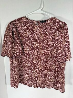 Express Maroon Printed Scallop-Hem Short Sleeve Blouse
